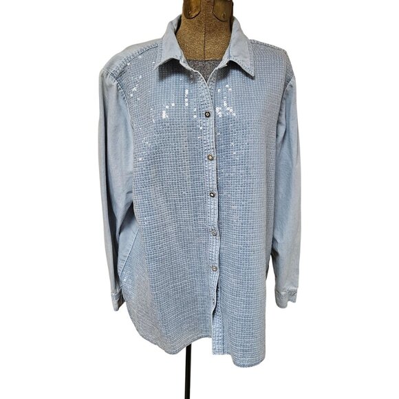 Chicos Top Womens Sz 3 (XL) Light Blue Sequin Button Up Shirt Long Sleeve Denim - Picture 1 of 11
